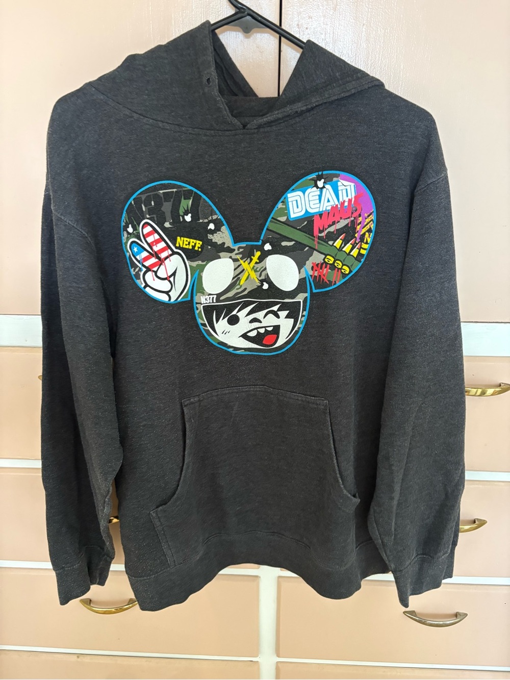 Neff Charcoal Crewneck Hoodie with Multicolor Graphic Mouse Logo